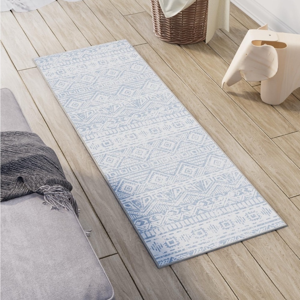 Blue and White Geometric Pattern Rug - Picture 8 of 10